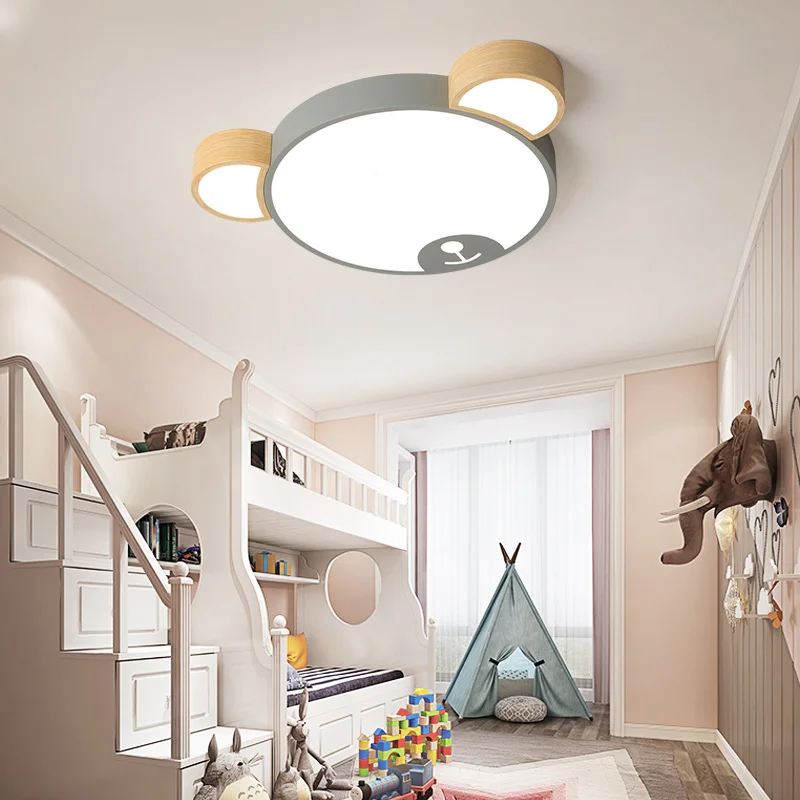 Lámpara de techo con forma de oso para dormitorio de niños, luz Led creativa y moderna, de madera verde/gris, para habitación