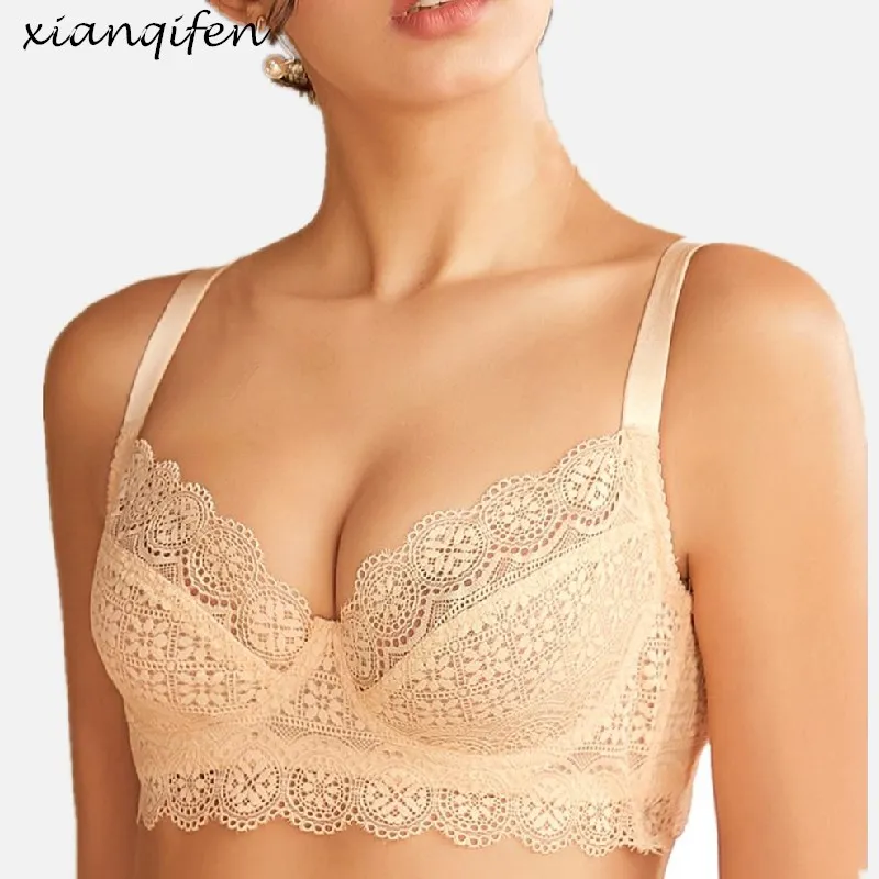 Xianqifen ultra thin lace bras for women transparent crop top bh intimates sexy bralette lingerie brassiere minimizer push up