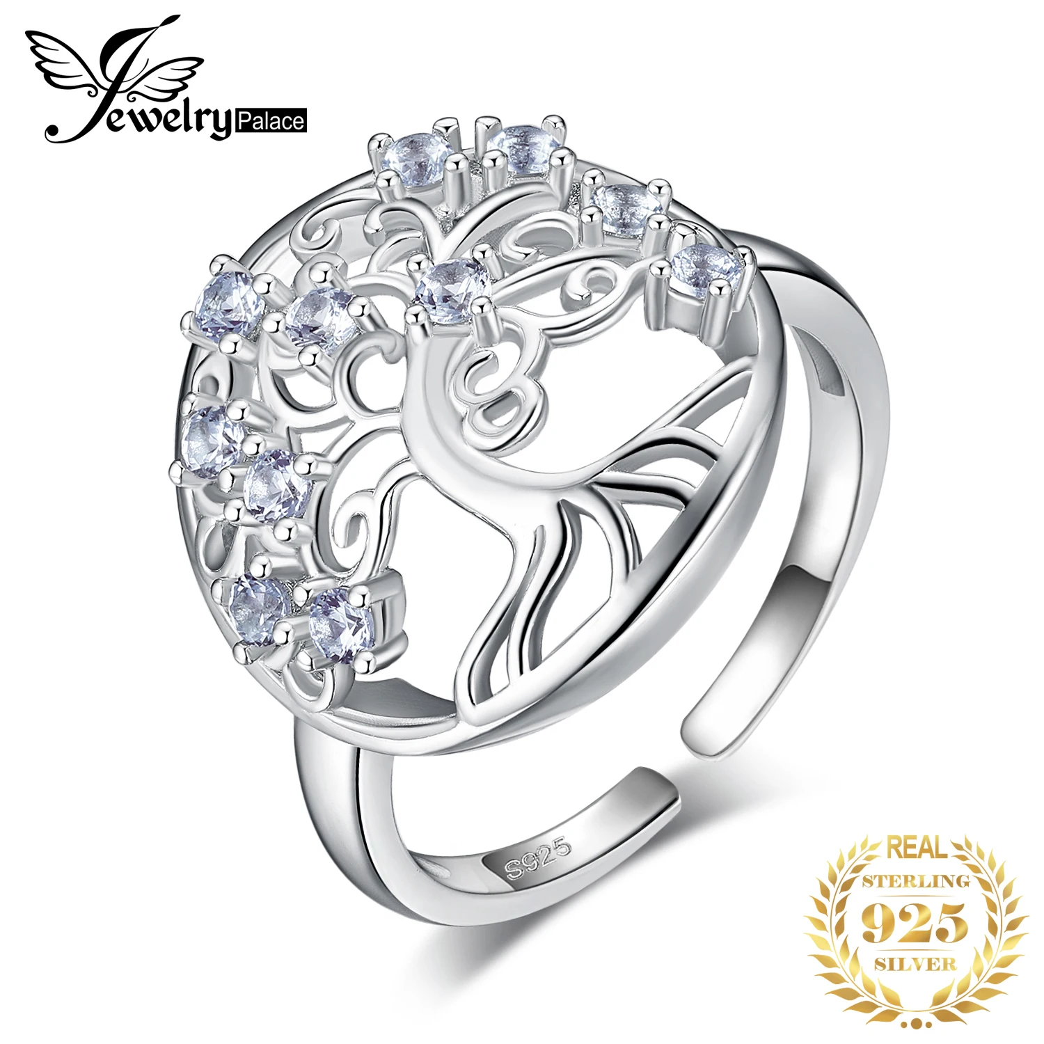 JewelryPalace drzewo życia utworzono niebieski Spinel 925 Sterling Silver otwórz regulowany pierścień dla kobiet oświadczenie kamień biżuteria