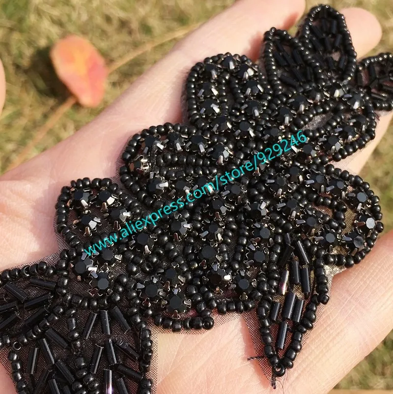 black crystal beads trims for sweaters dress ornaments fashion flower appliques hotfix motif for dress coat garments accessory