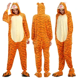 Halloween Tiger Onesies Costume Cartoon Unisex-adult Men Couple Animals Tiger Pajamas Hooded Sleepwear Women Cosplay Jumpsuit