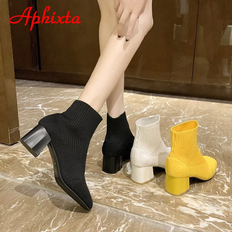 Aphixta 2022 Diamond Square Heels Socks Boots Women Beige Stretch Fabric Elastic Short Ankle Boots Shoes Woman Boats