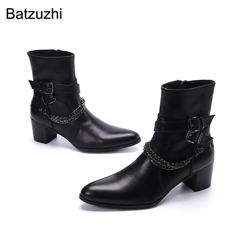 

Batzuzhi 7cm Heels Italian Type Men's Boots Pointed Toe Black Soft Genuine Leather Boots Men Ankle Chians Straps Knight Botas!