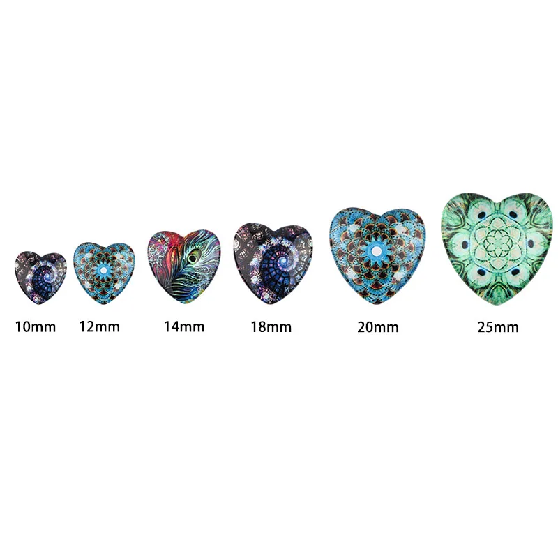 10pcs Heart Shaped Charm Peacock Feather Pattern 10/12/14/18/20/25mm Blank Flatback Glass Cabochon For DIY Pendant Accessories