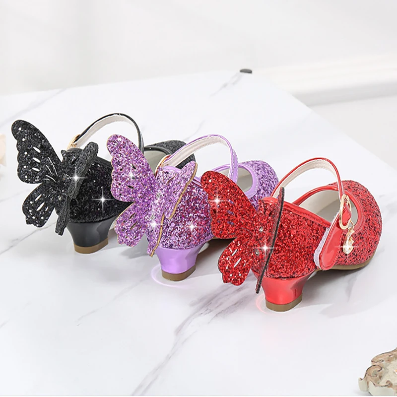 Girls Leather Shoes Princess Shoes Children\'s Sequin Butterfly High Heel Sparkling With Light Dancing Shoes