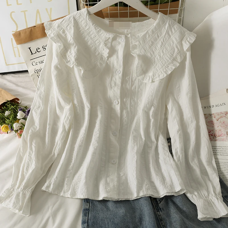 

white blouse women long sleeve cotton womens tops and blouses sweet Peter pan collar girl blusas mujer de moda 2021