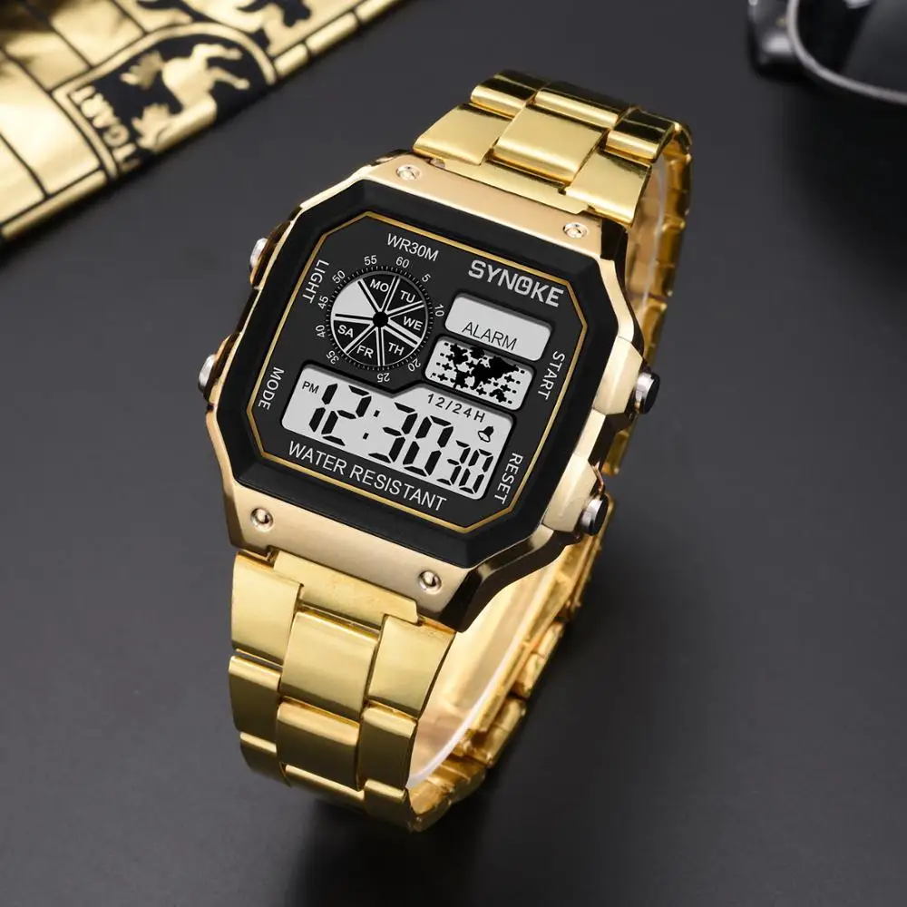 Mens Watches SYNOKE Top Brand Luxury Sliver Gold Men Watch Digital Led Leisure Watch Plastic Waterproof Life Relogio Masculino