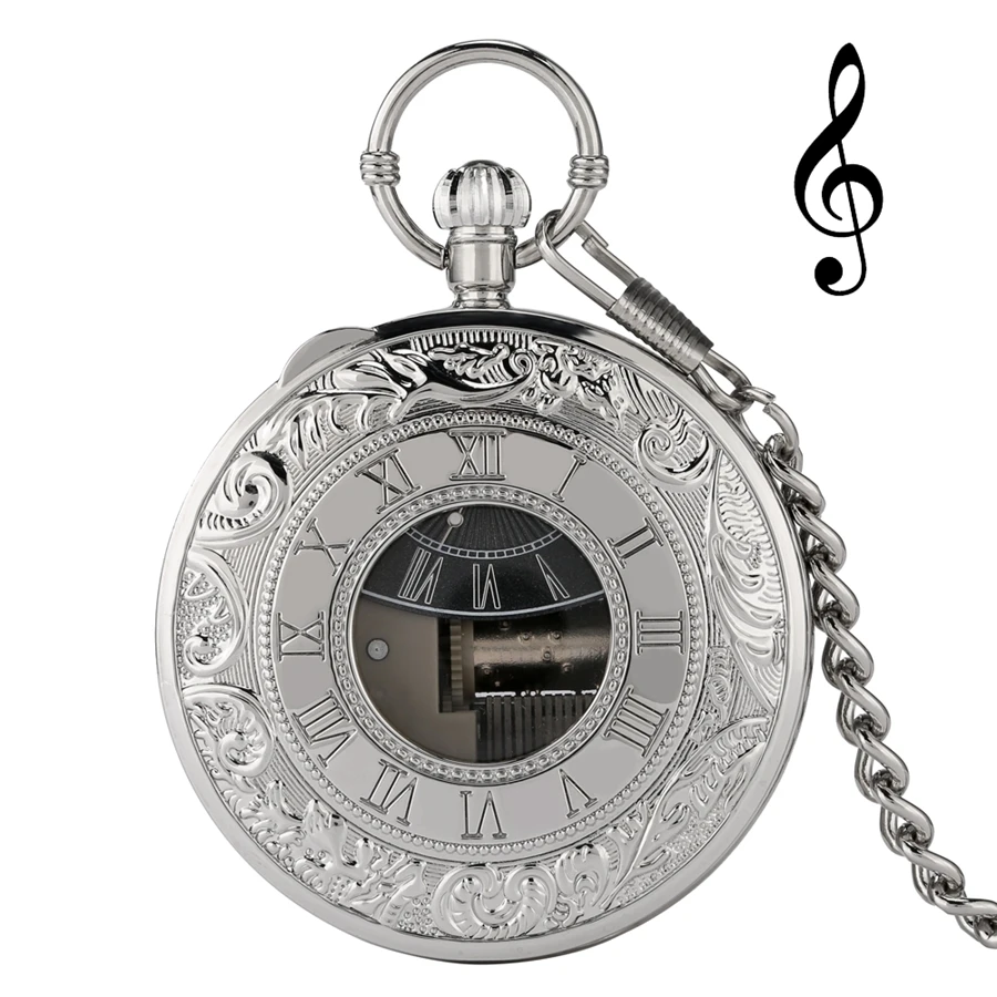 Luxe Zilveren Muzikale Beweging Zakhorloge Quartz Hand Crank Spelen Muziek Horloge Fob Ketting Hanger Klok Gelukkig Nieuwjaar Cadeaus