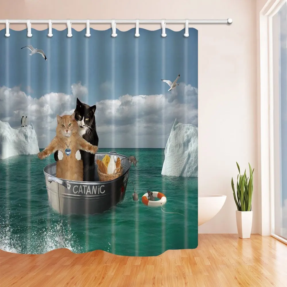 Romantic Cat Titanic Shower Curtain Mildew Resistant Waterproof Polyester Fabric Bathroom Decorations Bath Curtains