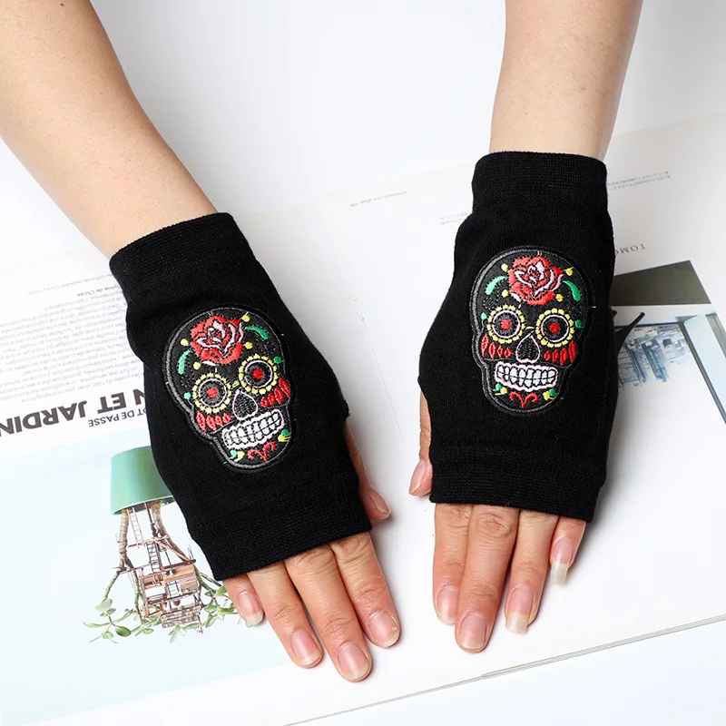 Mới Thêu Đầu Lâu Đan Găng Tay Fingerless Gloves