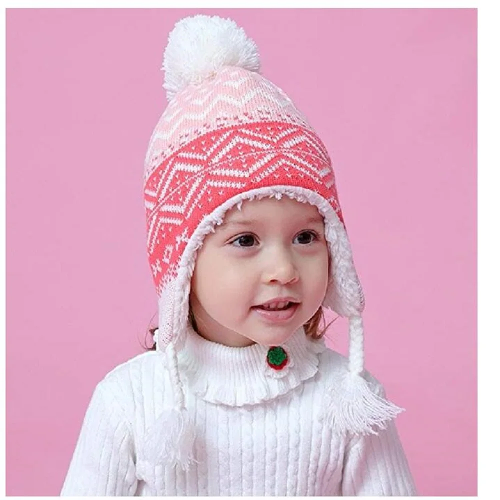 Connectyle Toddler Infant Baby Girls New Fashion Sherpa Lined Knit Kids Jacquard Warm Hat with Earflap Winter Hat