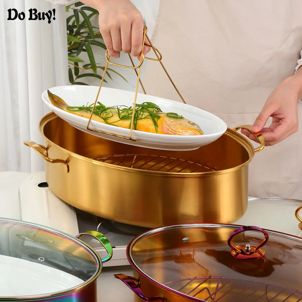 Kitchen Stainless Steel Pots Bird Fish Stewing Steamer HotPot with Rack Ceramic Plate Big Soup Oval Seafood Cooking Pot Cookware