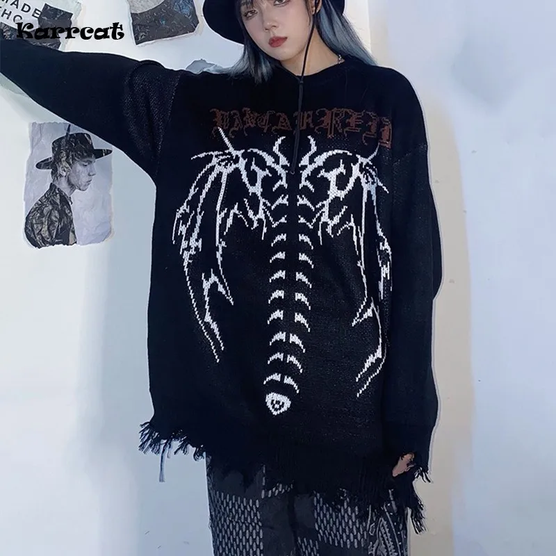 Hip Hop Streetwear Knitted Sweater Gothic Letter Bat Skeleton Print Pullover 2021 Men Autumn Harajuku Cotton Casual Sweater