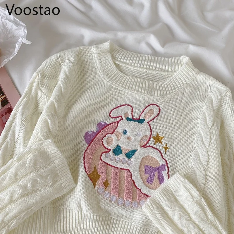 Autumn Sweet Lolita Bunny Knitted 2 Piece Set Girly Cute Rabbit Embroidery Sweater Crop Tops Pullovers Skirts Winter Women Suit