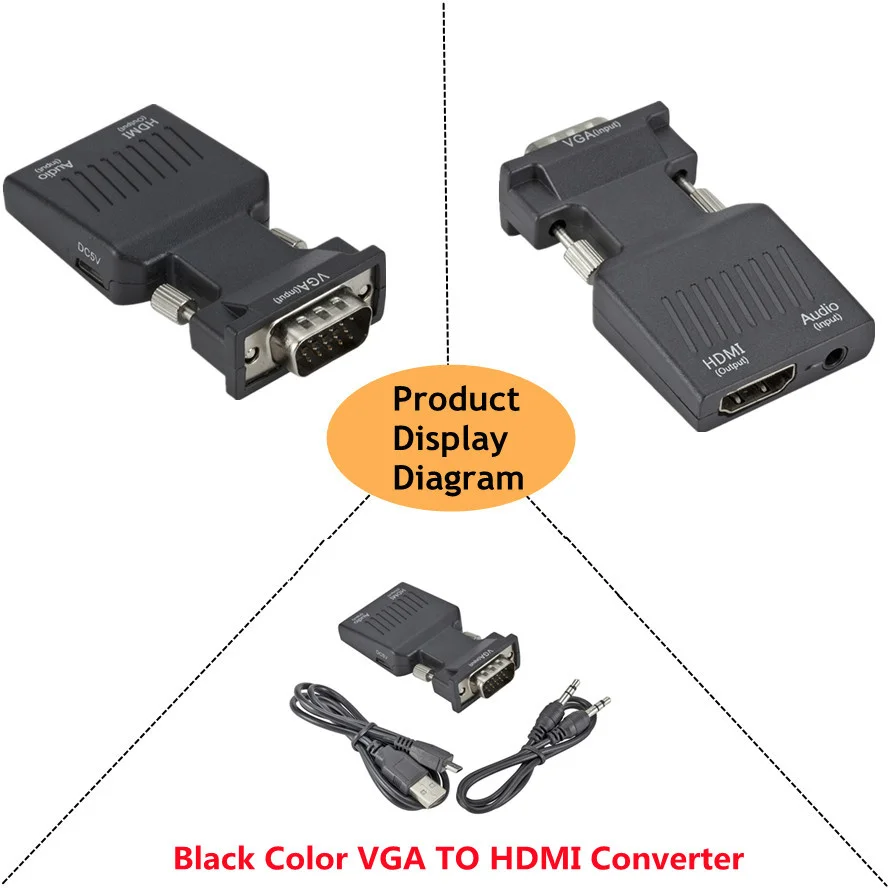 Grwibeou vga para hdmi conversor adaptador 1080p adaptador vga para computador portátil para hdtv projetor vídeo áudio hdmi-compatível com vga