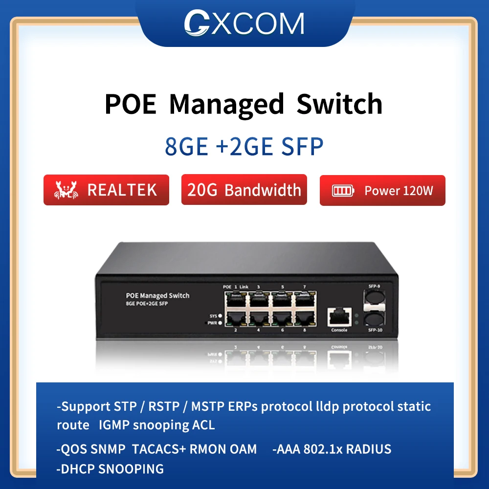 8 Port Gigabit RJ45 + 2 Gigabit SFP Slots Managed ethernet Switch 10 Port Managment POE Switch