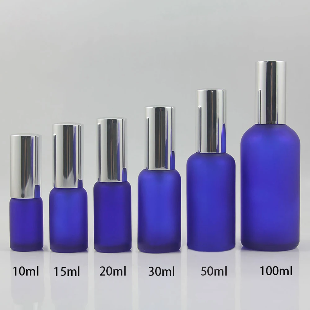 Pompa per bottiglia di olio in vetro blu/blu satinato da 10ml con lozione/pompa Spray