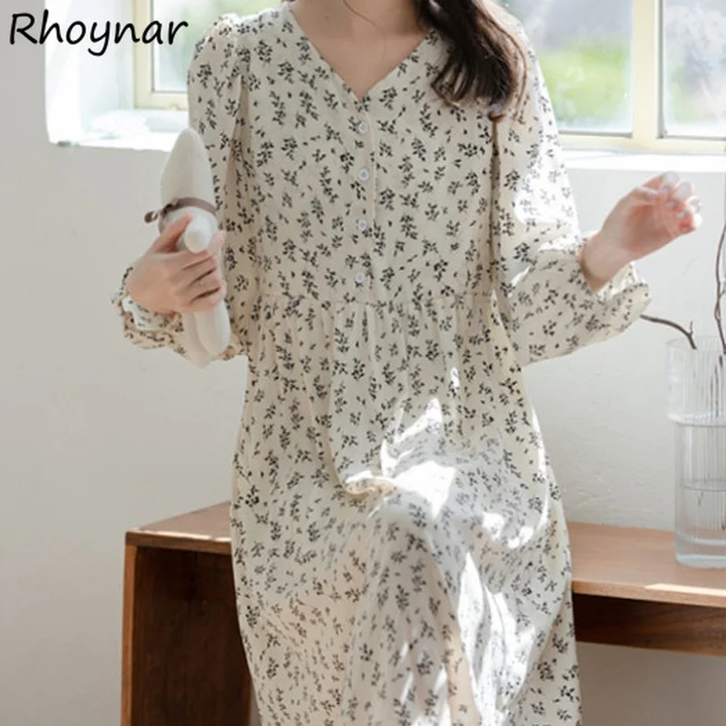 

Long Sleeve Dress Women Vintage Printing Elegant French Style Autumn New Leisure A-line Trendy V-neck Comfortable Female Vestido