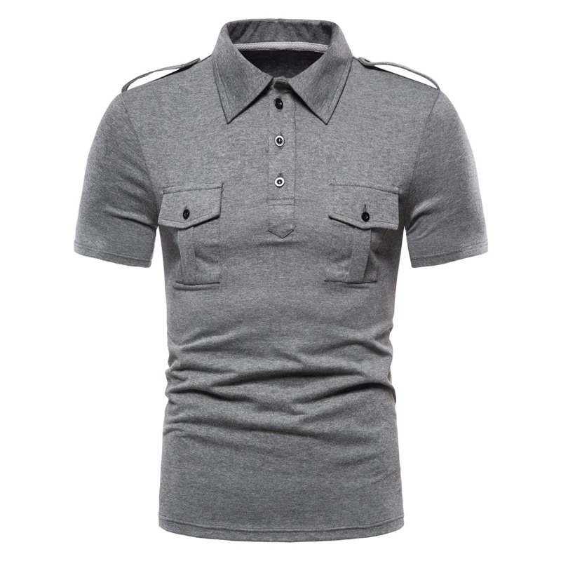 Double Pocket Military Epaulet Polo Shirt Men Summer Short Sleeve Slim Fit Polo Homme Fashion Turn Down Collar Polos Para Hombre