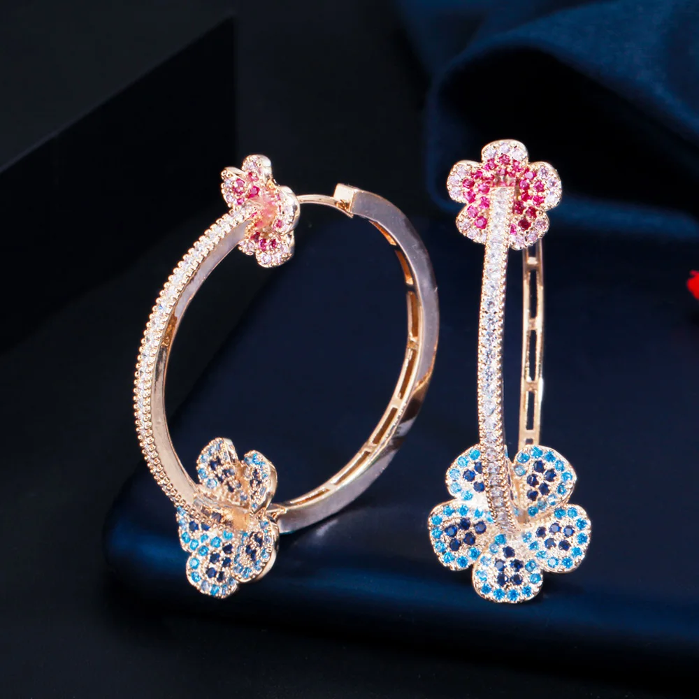 Pera Sweet Red Blue Cubic Zirconia Elegant Flower Shape Large Round Gold Color Hoop Earrings for Women Trendy Brand Jewelry E657