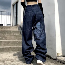 2022 novo casual all-match alta-cintura esfregando calças de perna larga american retro street solto bordado reto-perna jeans