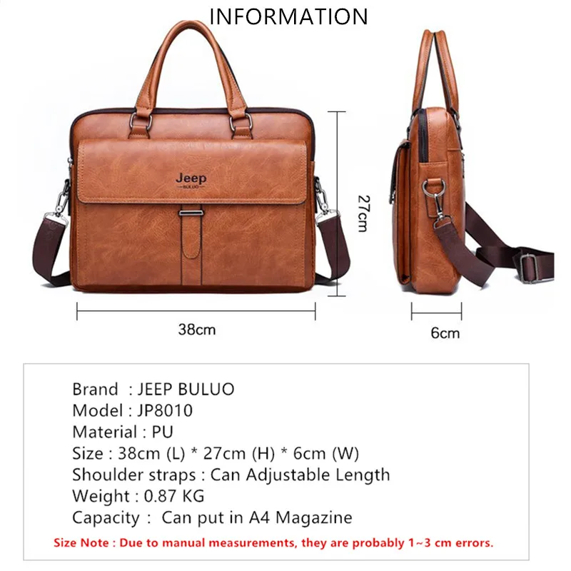 JEEP BULUO Men PU Leather Shoulder Fashion Business Bags Handbags Black Bag Men For Laptop Briefcases Bag