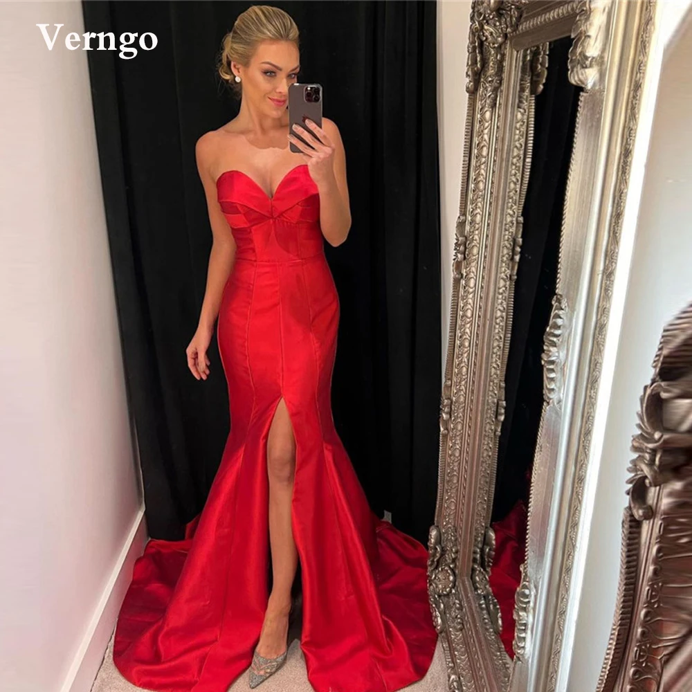 

Verngo Stunning Red Satin Long Mermaid Evening Dresses Sweetheart Front Slit 2022 Simple Prom Gowns Women Party Celebrity Dress