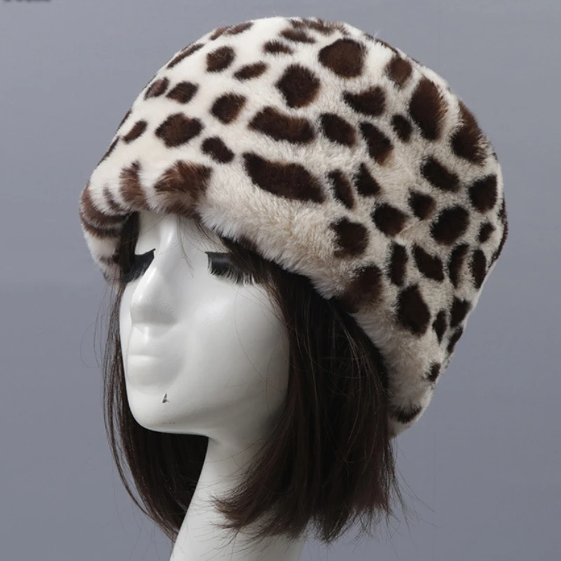 HT3451-Sombrero de invierno para mujer, gorro de piel sintética de leopardo, gorros gruesos y cálidos de invierno, sombrero de bombardero plano,