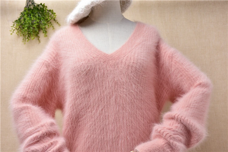 ladies women fashion sweet pink hairy fuzzy mink cashmere knitted v-neck long sleeves loose pullover angora fur jumper sweater