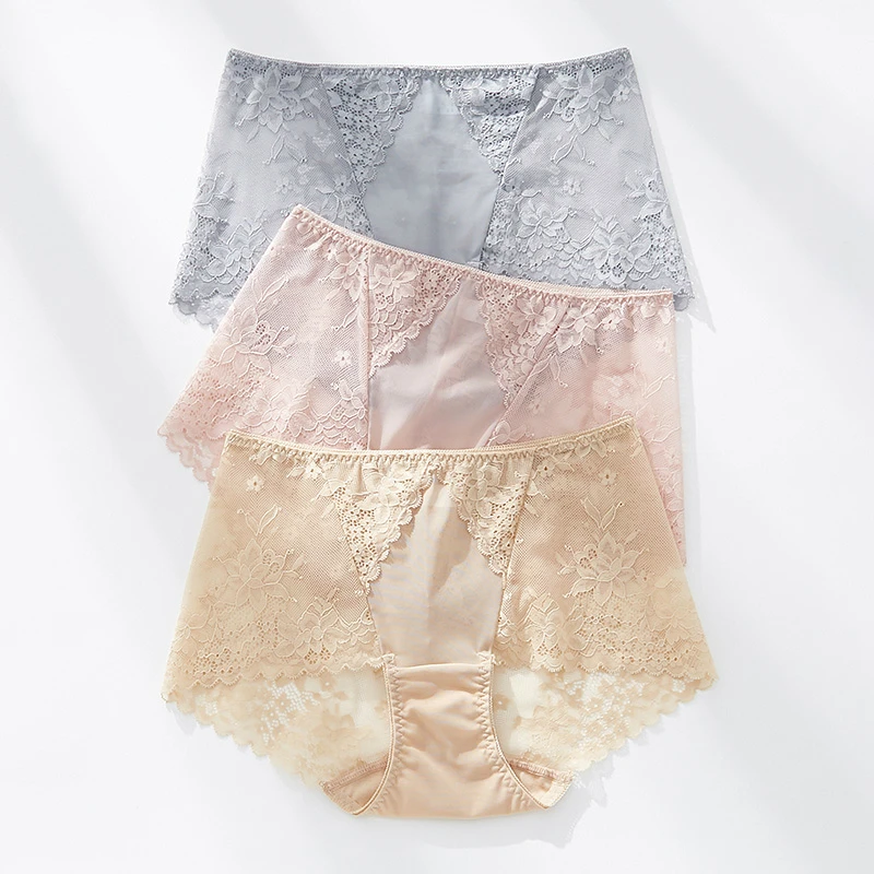 

3pcs Women Sexy Hollow Briefs Lace Floral Seamless Panties High Waist Lift Up Underwear Soft Intimates Cotton Lingerie