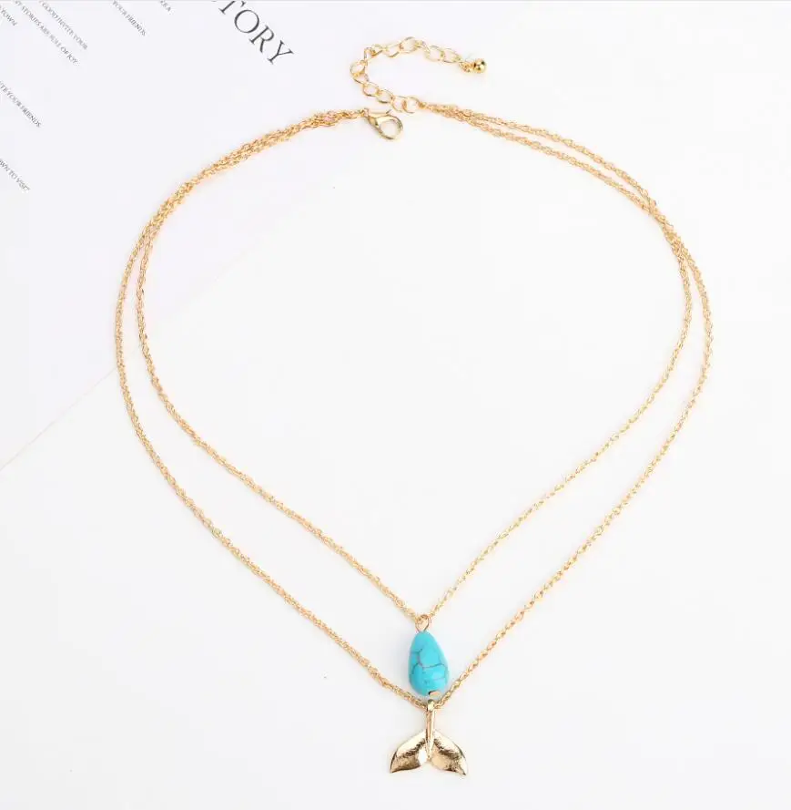 أزياء المرأة مزدوجة الطبقات قطرة الماء الفيروز وذيل حورية البحر قلادة القلائد الذهب سلسلة مجوهرات هدايا S1971 #6