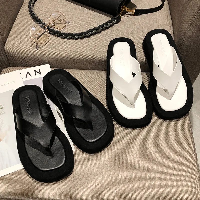 Chanclas de fondo grueso para mujer, zapatillas de plataforma, zapatos de playa, diseño famoso, color negro/blanco