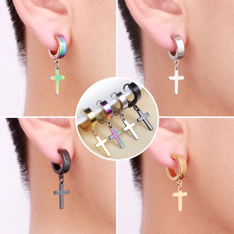 SOHOT Titanium Steel Black Golden Multicolor Cross Hoop Earrings Punk Wholesale Unisex HipHop Man New Rock Party Birthday Gift