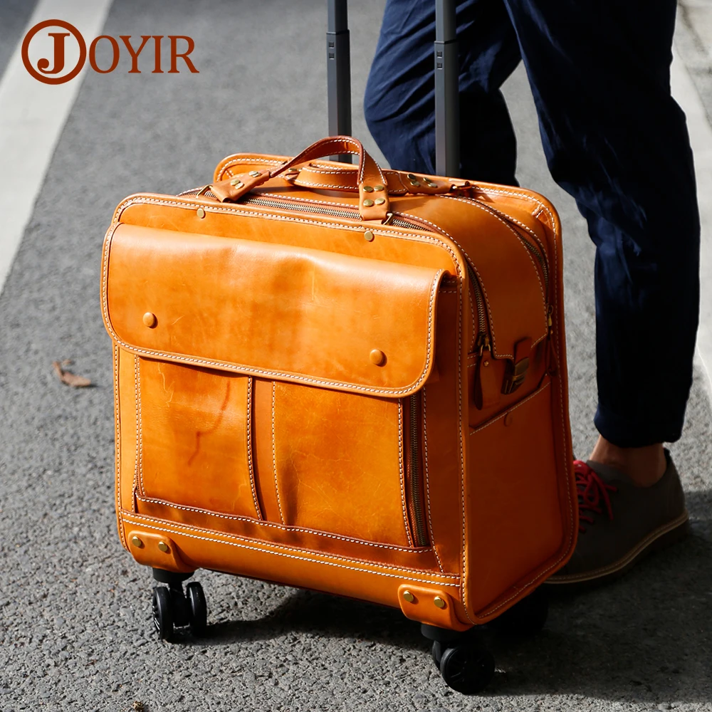 JOYIR Genuine Leather Suitcase for Men Trolley Briefcase Overnight Flight Travel Bag 20 inch Rolling Luggage