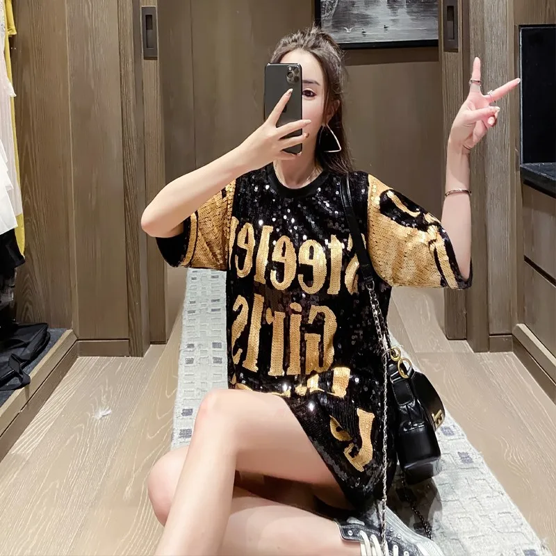 Chic Ins European American Letter Black Patchwork Sequined T-Shirt Woman Jersey Party Punk Girls Loose Short Sleeves Tee Dress