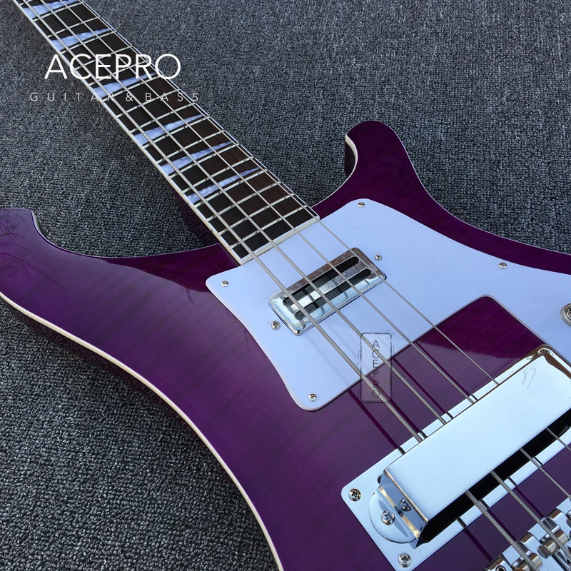 Purple Color Flame Maple Top Electric Bass Guitar, Upgrade Adjustable Bridge Available, White Pickguard, High Quality