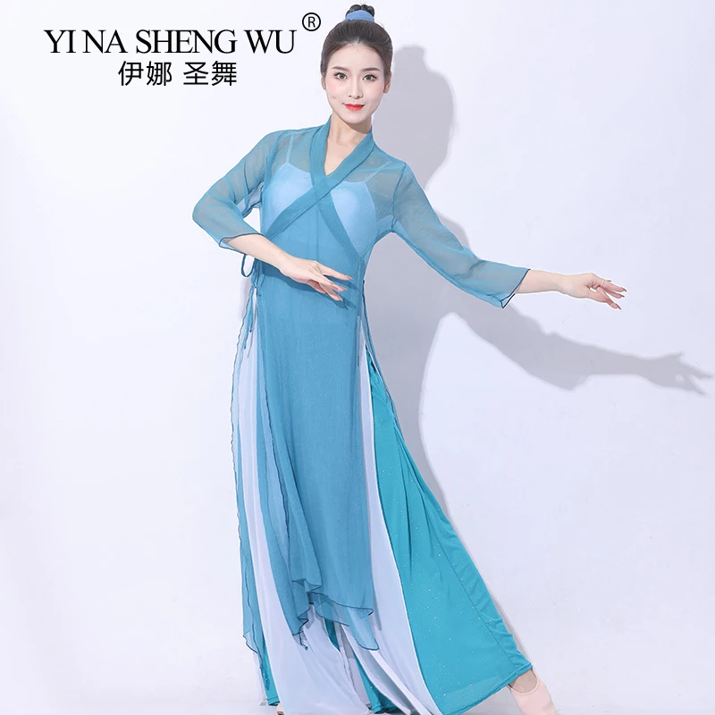 Hot Sell Classical Dance Costume 1 Piece Flowing Long Gown Cheongsam Design Light Weight Gauze Irregular Top Performance Blouse