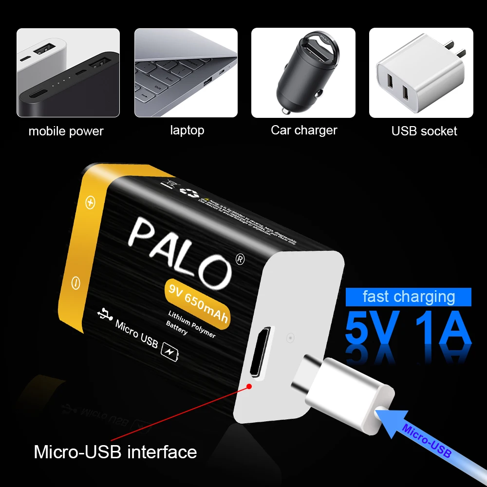 Mới 9V Pin Li-ion Sạc USB 6F22 9V Điện Áp Không Đổi Lithium Pin 9V Cho Đồng Hồ Đo Vạn Năng Khói đồ Chơi