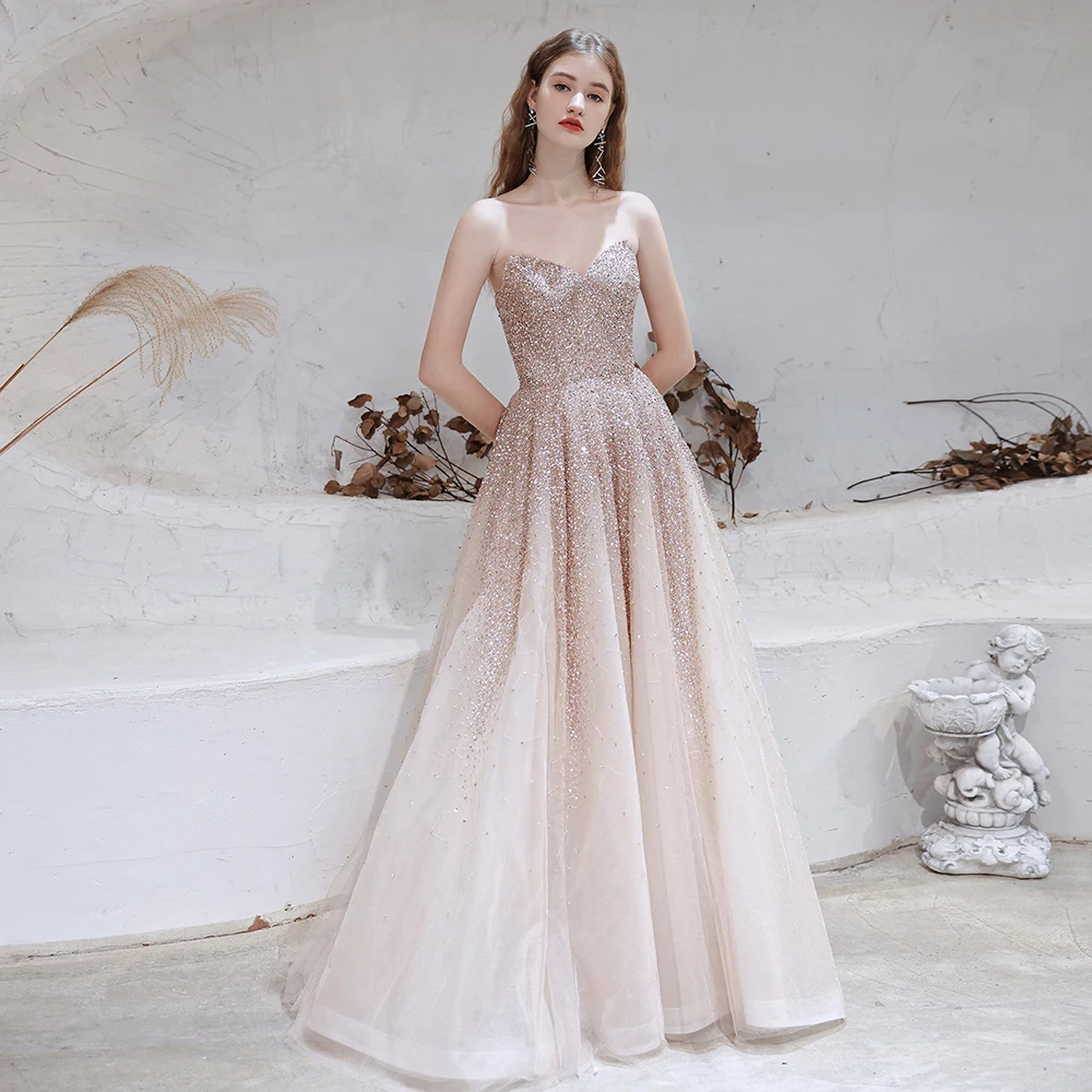 A-Lineชุดราตรีชุดราตรีเซ็กซี่Sweetheart BacklessคริสตัลBeading Sequinedยาวผ้าคลุมไหล่2020ยาวGowns