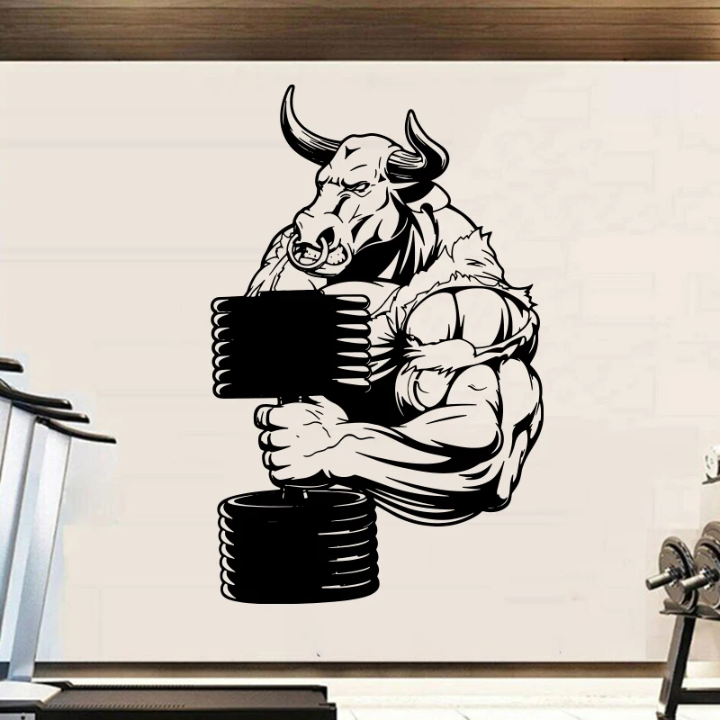 Angry Bull Dumbbell Gym Wall Sticker Cow Bull Animal Farmhouse Fitness Workout Crossfit Wall Decal Inspirational Quote Vinyl