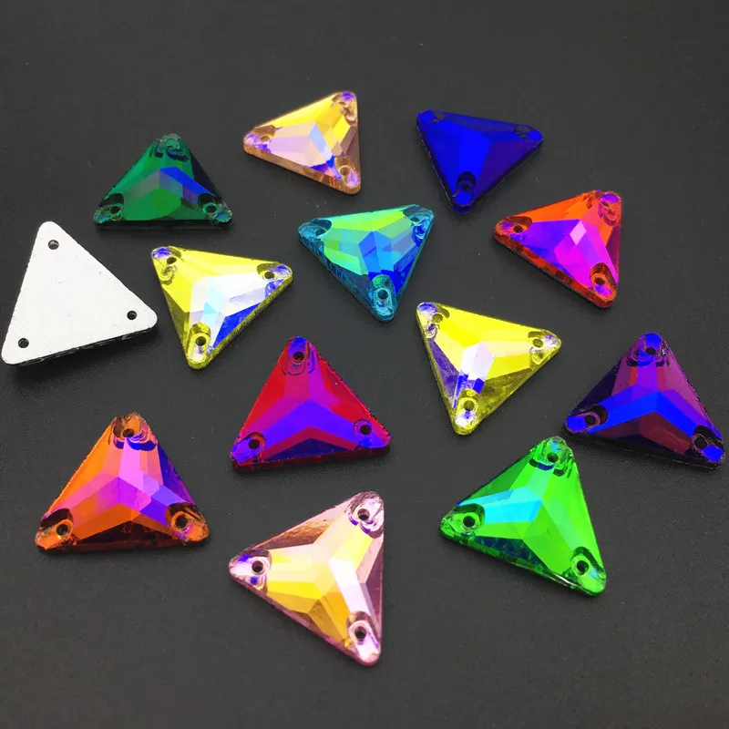 ALL Size All AB Color Sew on Rhinestone tri-angle colorful Glass Crystal Flatback Triangular Sew on Stone for wedding dress