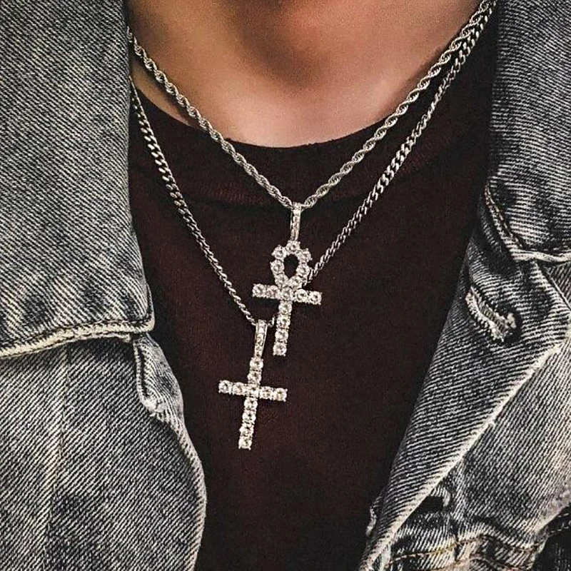 HipHop Ankh Cross Necklace For Men Women Stainless Steel Chain Iced Out Pendant Gold Color Jewellery Accessories OHP001