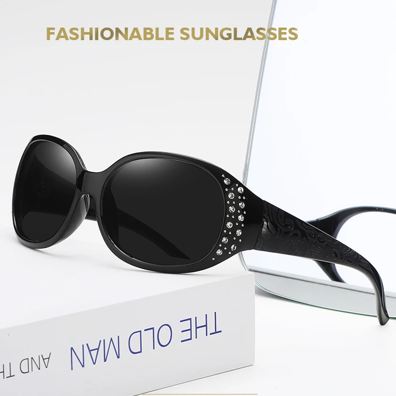 

FEISHINI Plastic Polaroid Sunglasses Women UV400 Oval Brand Sexy Crystal Trendy Black Ladies Retro Goggle Polarized Driving