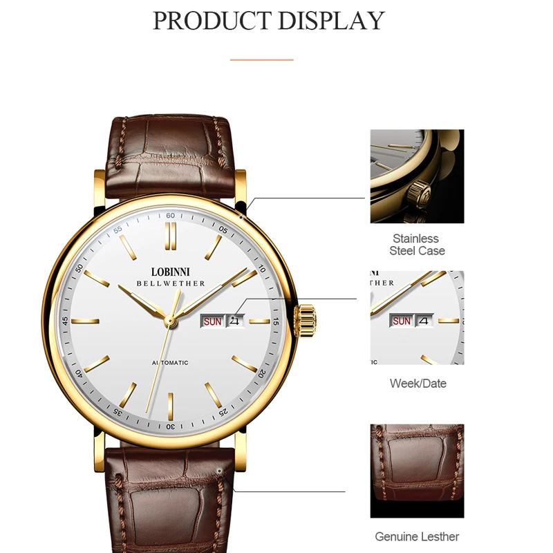 LOBINNI мужские деловые автоматические часы с кожаным ремешком, аналоговый дисплей, механические часы, дата, неделя, часы с сапфировым стеклом