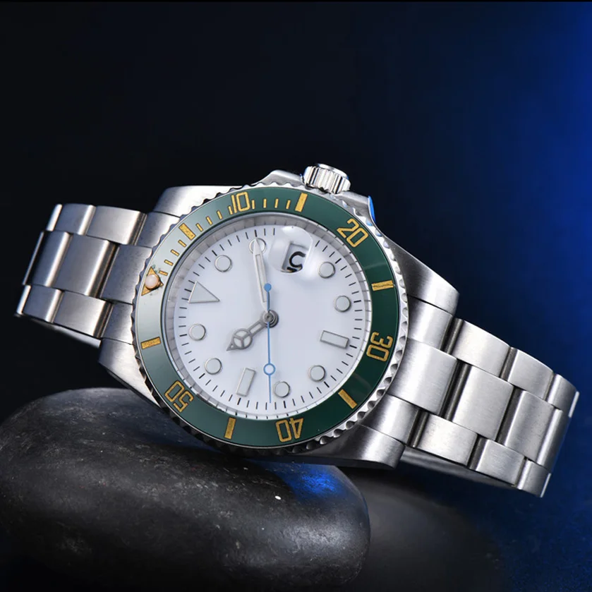 Luxury Aseptic White Surface Men's Automatic Mechanical Watch Watch Stainless Steel Color Green Ceramic Ring