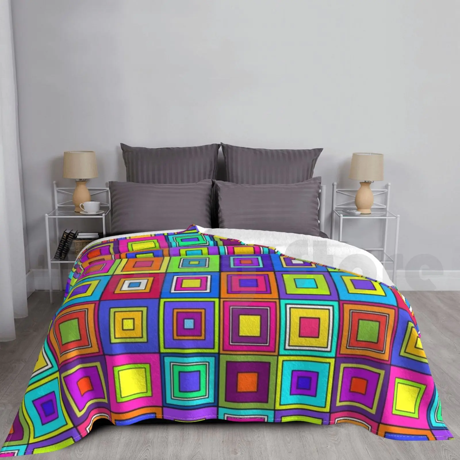 Modern Retro Squares Blanket Fashion Custom Retro Cool Geometric Bright Hippy Hippie Spring Summer Turkey