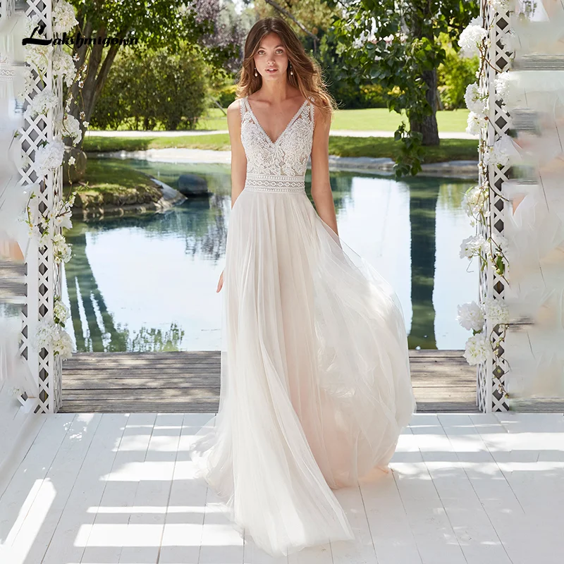 Robe de mariée en dentelle Boho A-ligne, robe de mariée en tulle, robe de mariée de plage, tout ce qui est personnalisé, nouveau