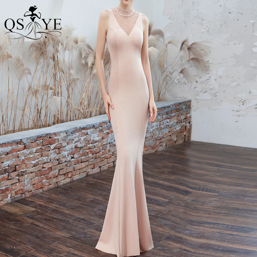 Champagne Avondjurken Mermaid Hoge Hals Kralen Prom Gown Stretch Fit Party Formele Gown Keyhole Back Vrouwen Vestido Mouwloze