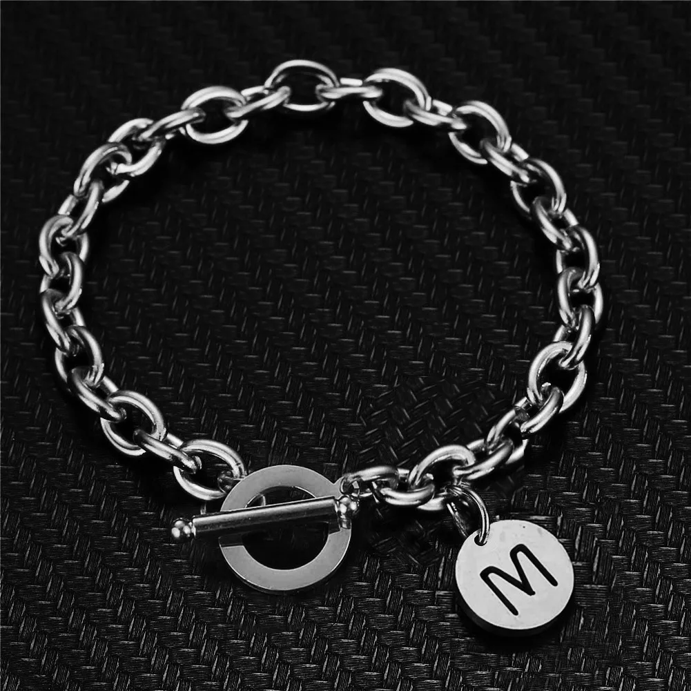 Stainless Steel Coin Initial Letter Bracelet For Women Alphabet Toggle Bracelet Name Jewelry