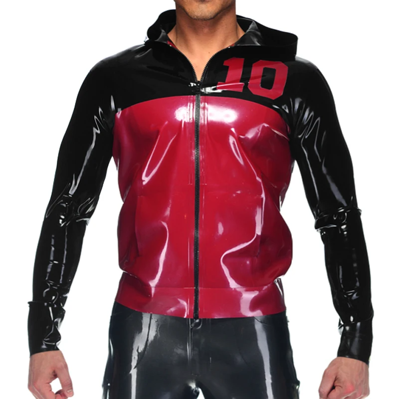 Pearl Red And BlackLatex Jacket With Zippers Hoodies Figure Trims Rubber Coat Top Clothes YF-0296